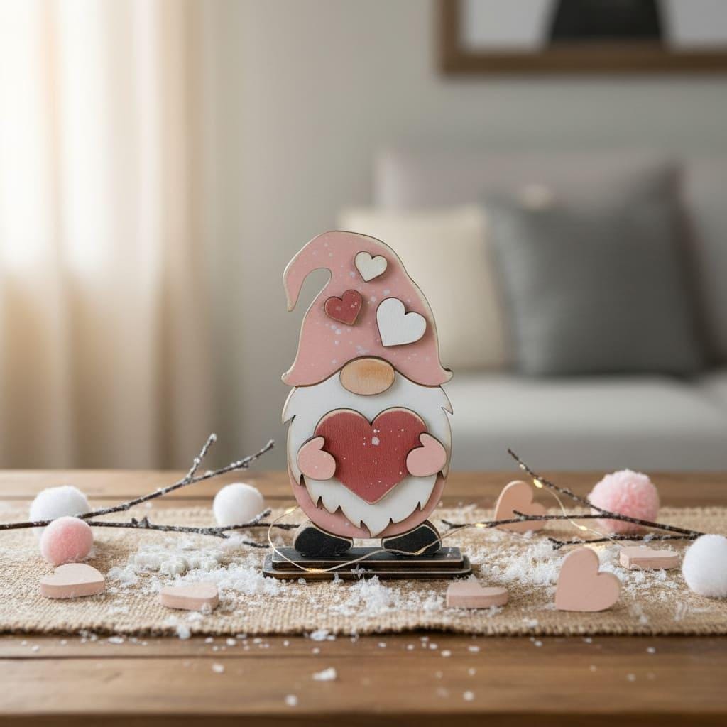 Valentine Gnome Shelf Sitter – Handmade Rustic Farmhouse Valentine Decor – Wooden Gnome with Heart Accent