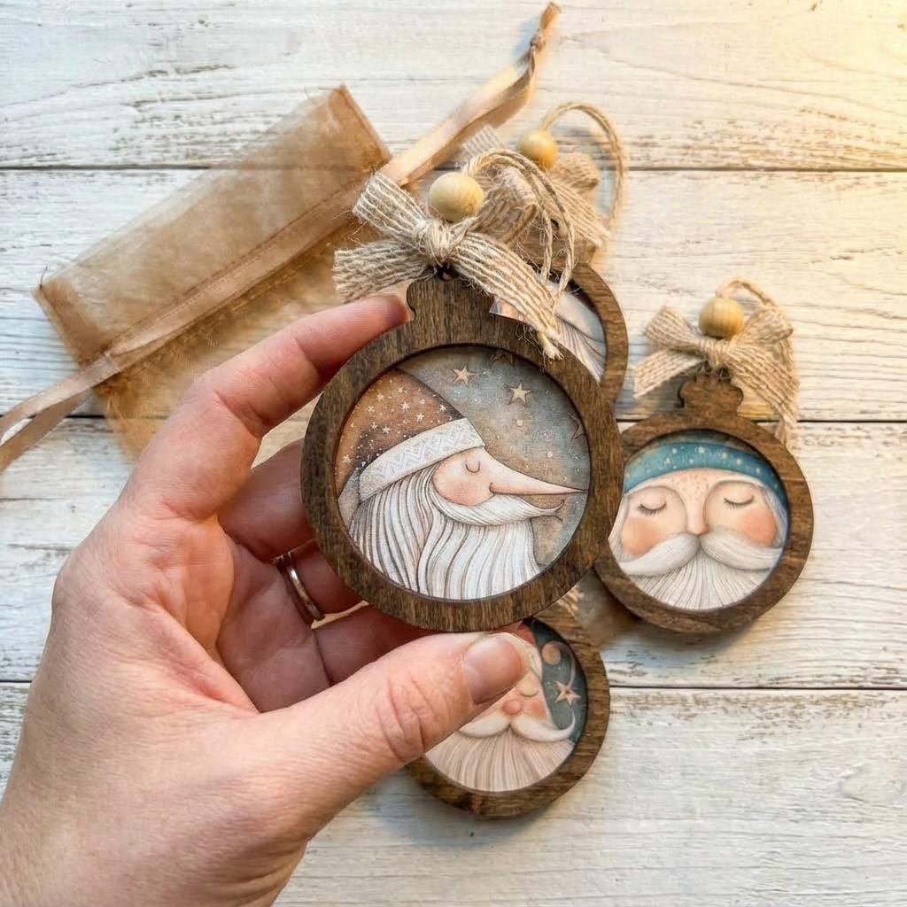 Rustic Santa Ornament Set of 4, Handcrafted Wood Christmas Ornaments, Farmhouse Holiday Decor, Santa Face Ornament Gift Set