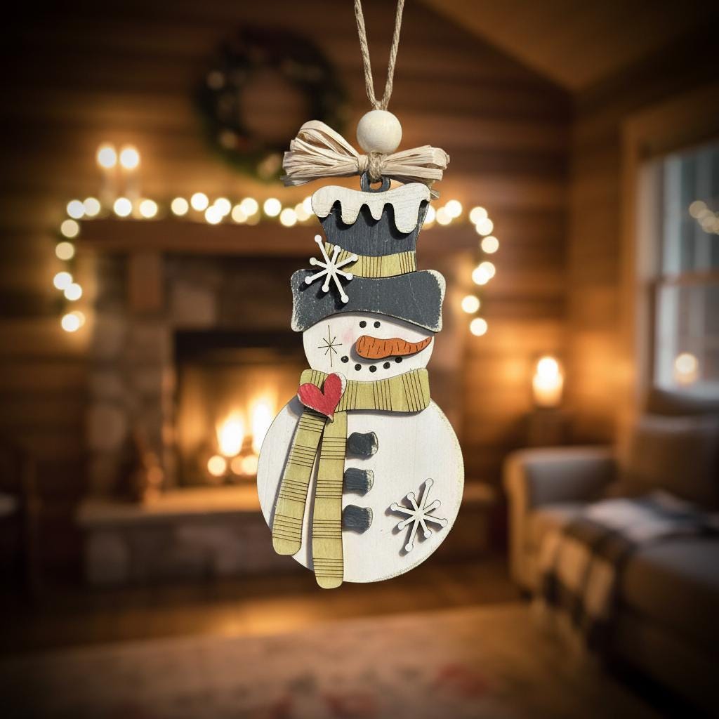 Handmade Rustic Snowman Ornament - Perfect Christmas Tree Decoration, Farmhouse Winter Holiday Decor, Layered Wood Snowman, Handmade Gift