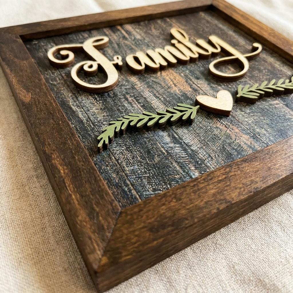 Family Framed Wood Sign with Easel, Rustic Farmhouse Family Decor, Layered Wood Wall Art or Shelf Sign, Housewarming or Family Gift