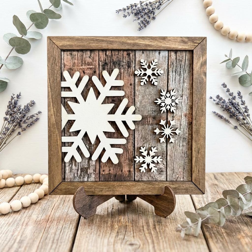 Winter Snowflake Sign, Layered Wood Snowflake Decor, Rustic Winter Shelf Sign, Farmhouse Winter Decor
