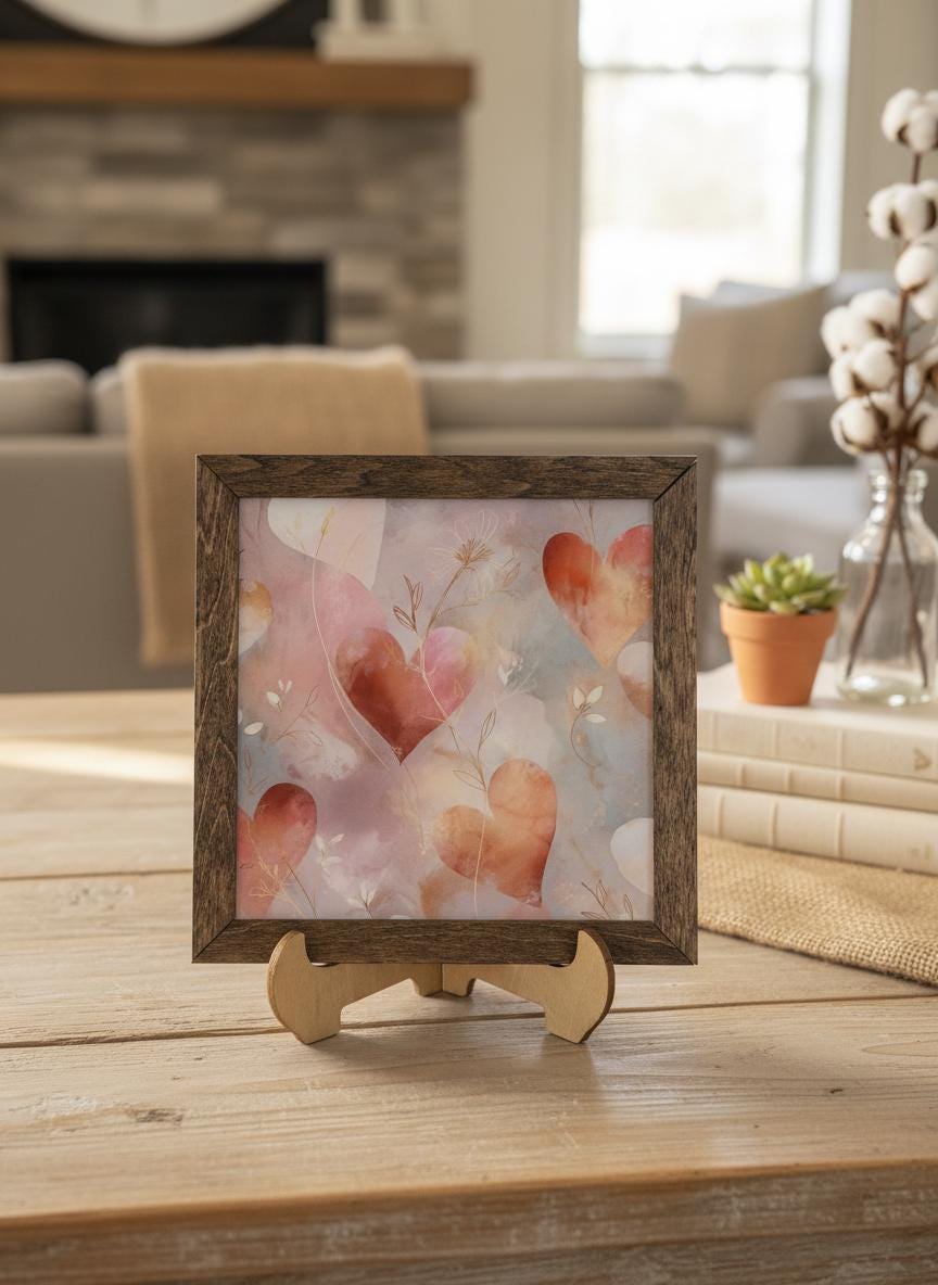 Romantic Heart Floral Framed Art, 5.5 Inch Rustic Farmhouse Decor, Spring Cottage Shelf Sign, Easel Included