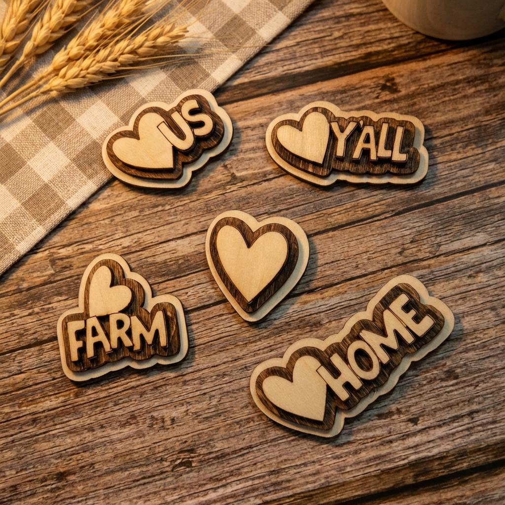 Funny Rustic Wood Magnet Set | Farmhouse Fridge Magnets | Handmade Country Decor | Love Home | Love Y'all | Love Farm | Love Us | Heart