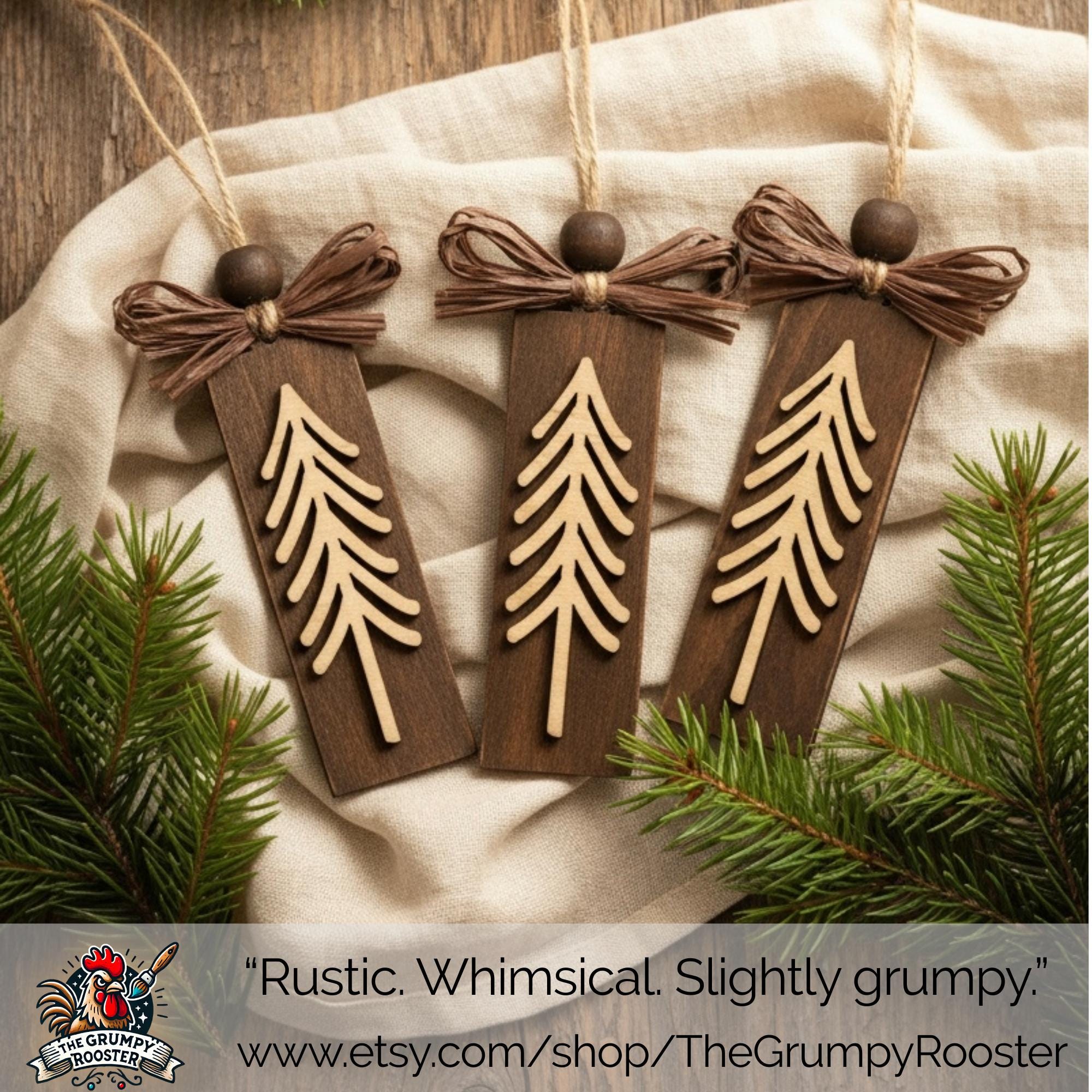 Rustic Evergreen Tree Ornaments – Set of 3 – Tall Layered Wood Design with Brown Bow – Limited Edition Handmade Christmas Decor