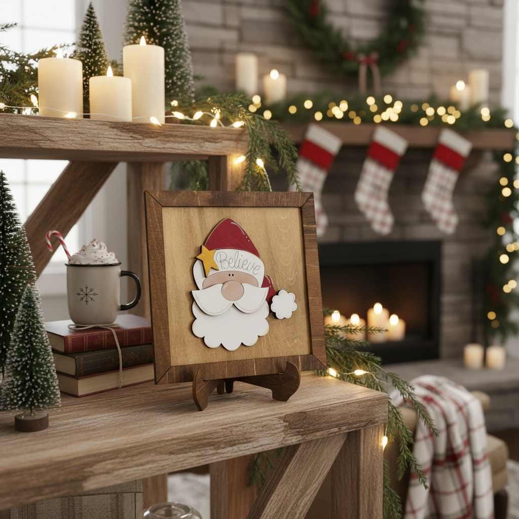 Handmade Rustic Santa Believe Wood Sign, Farmhouse Christmas Decor