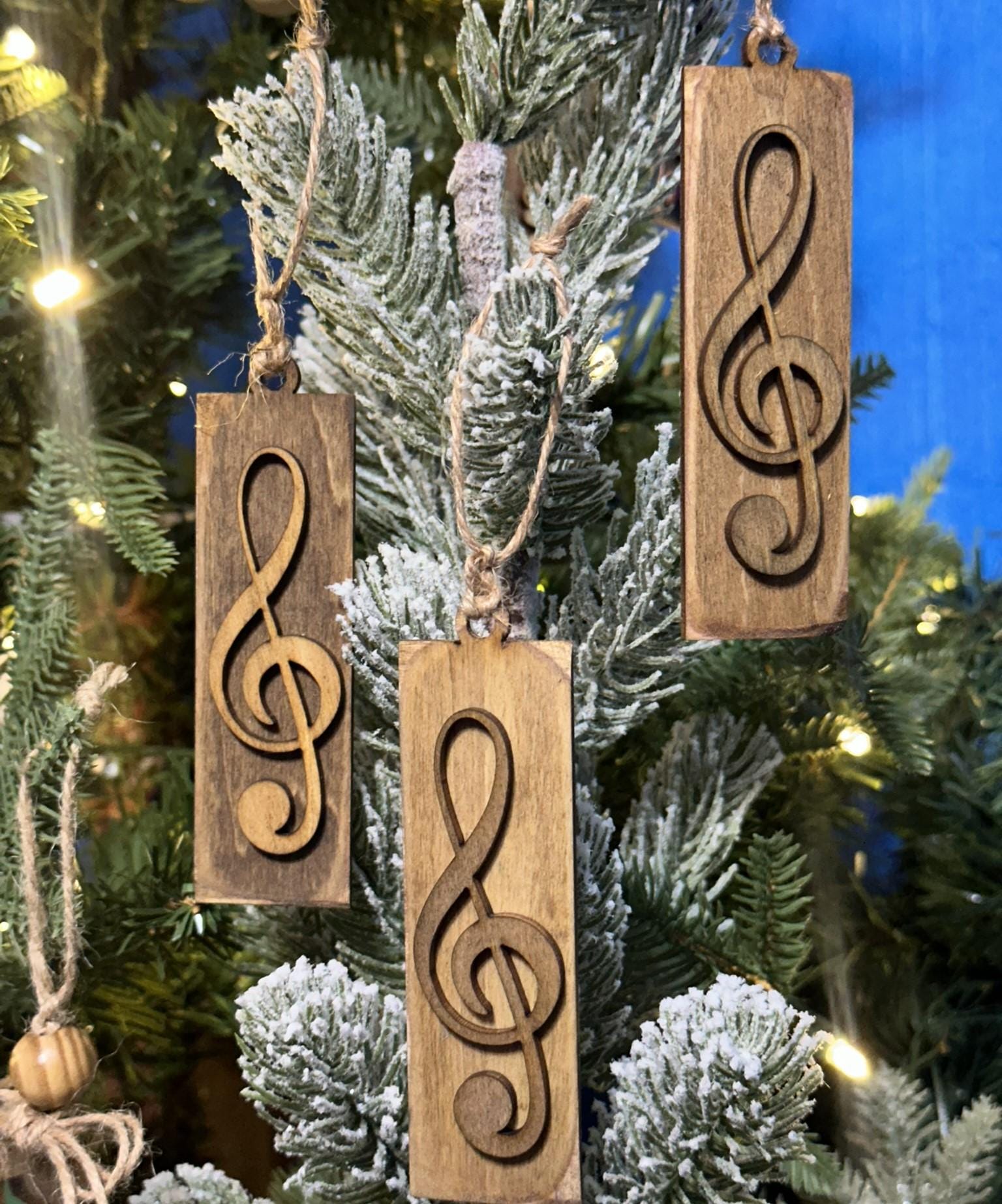 Rustic Wooden Treble Clef Ornaments Set of 3 – Handmade Music-Inspired Gift Tags or Holiday Tree Decorations for Music Lovers