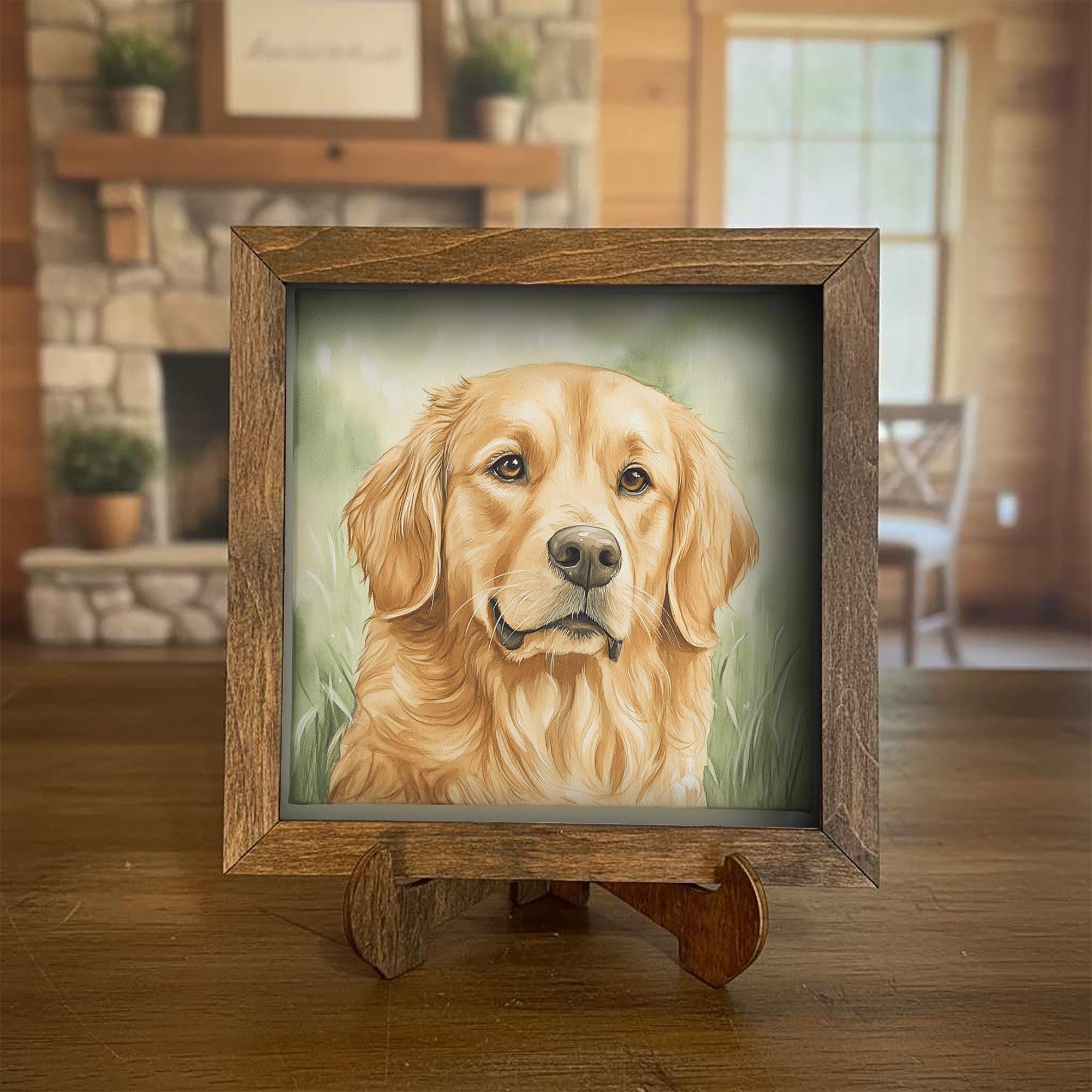 Classic golden Golden Retriever Dog Framed Art, Watercolor Golden Retriever Portrait, 5.5 Inch Shelf Decor with Easel, Dog Lover Gift