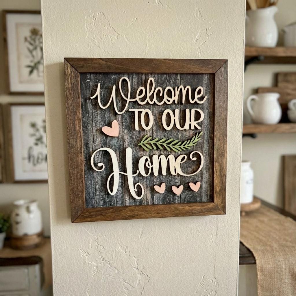Welcome to Our Home Framed Wood Sign, Rustic Farmhouse Decor, Layered Wood Wall Art or Shelf Decor, Housewarming Gift