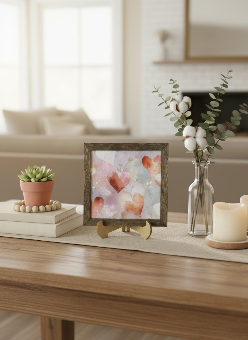 Romantic Heart Floral Framed Art, 5.5 Inch Rustic Farmhouse Decor, Spring Cottage Shelf Sign, Easel Included