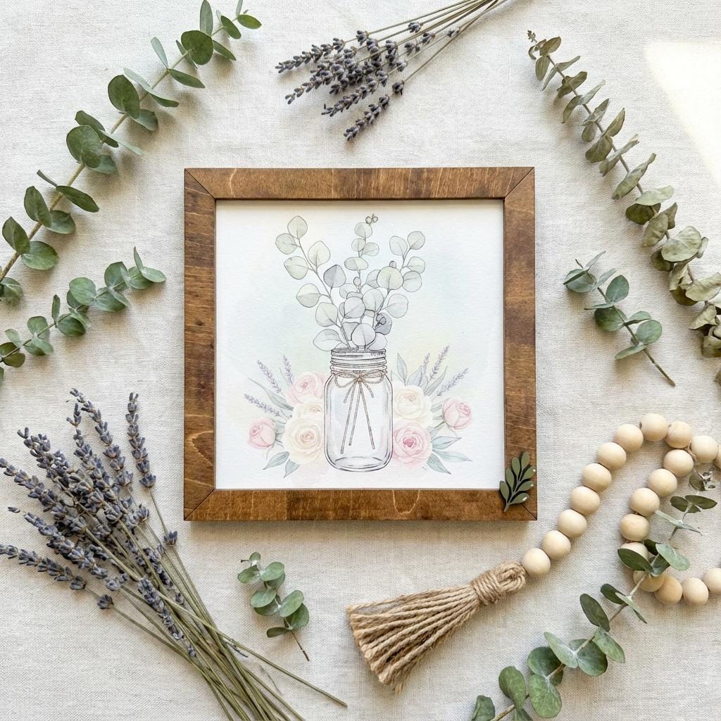 Eucalyptus Mason Jar Art Sign • Farmhouse Wood Frame Decor