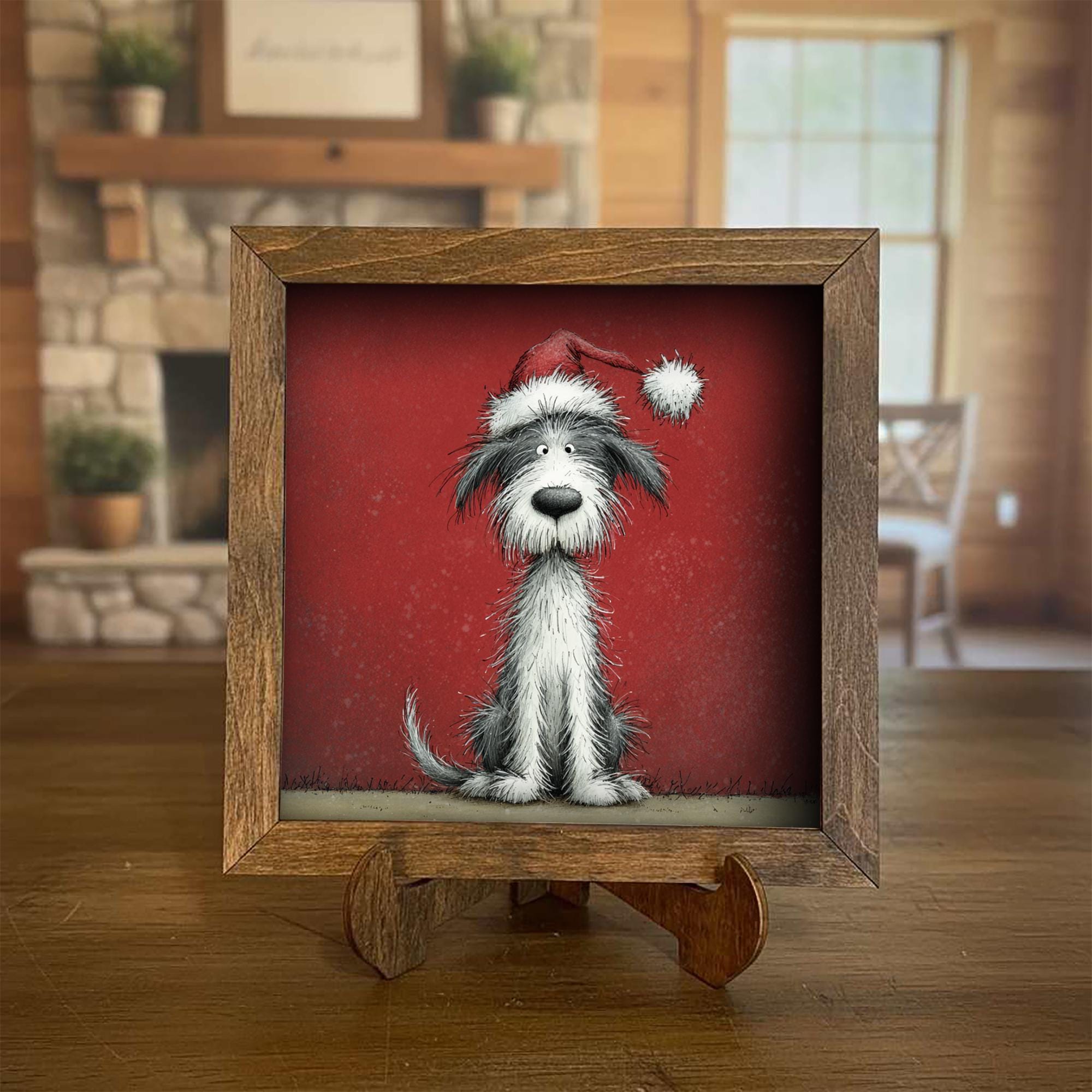Funny Christmas Dog Framed Art | Whimsical Holiday Dog Illustration | Pet Lover Christmas Decor | Rustic Wood Frame | Easel Included