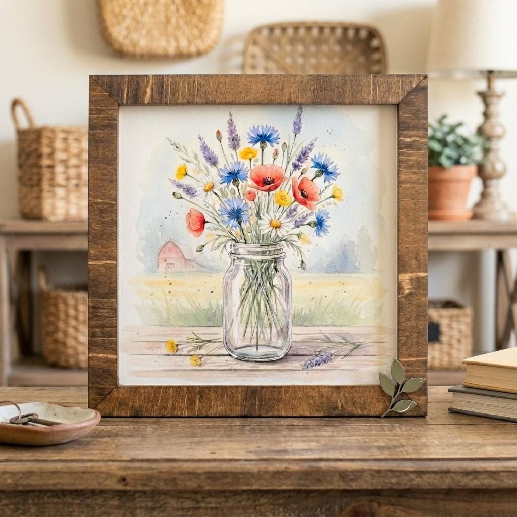 Floral Mason Jar Watercolor Wood Sign • Rustic Farmhouse Decor
