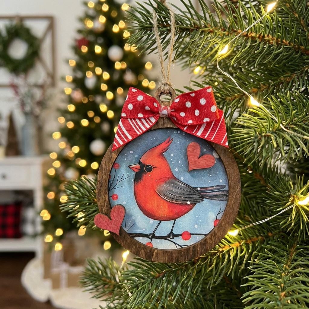 Rustic Cardinal Christmas Ornament • 3 Inch Round Wooden Ornament with Bow • Winter Bird Holiday Decor • Handmade Farmhouse Tree Ornament