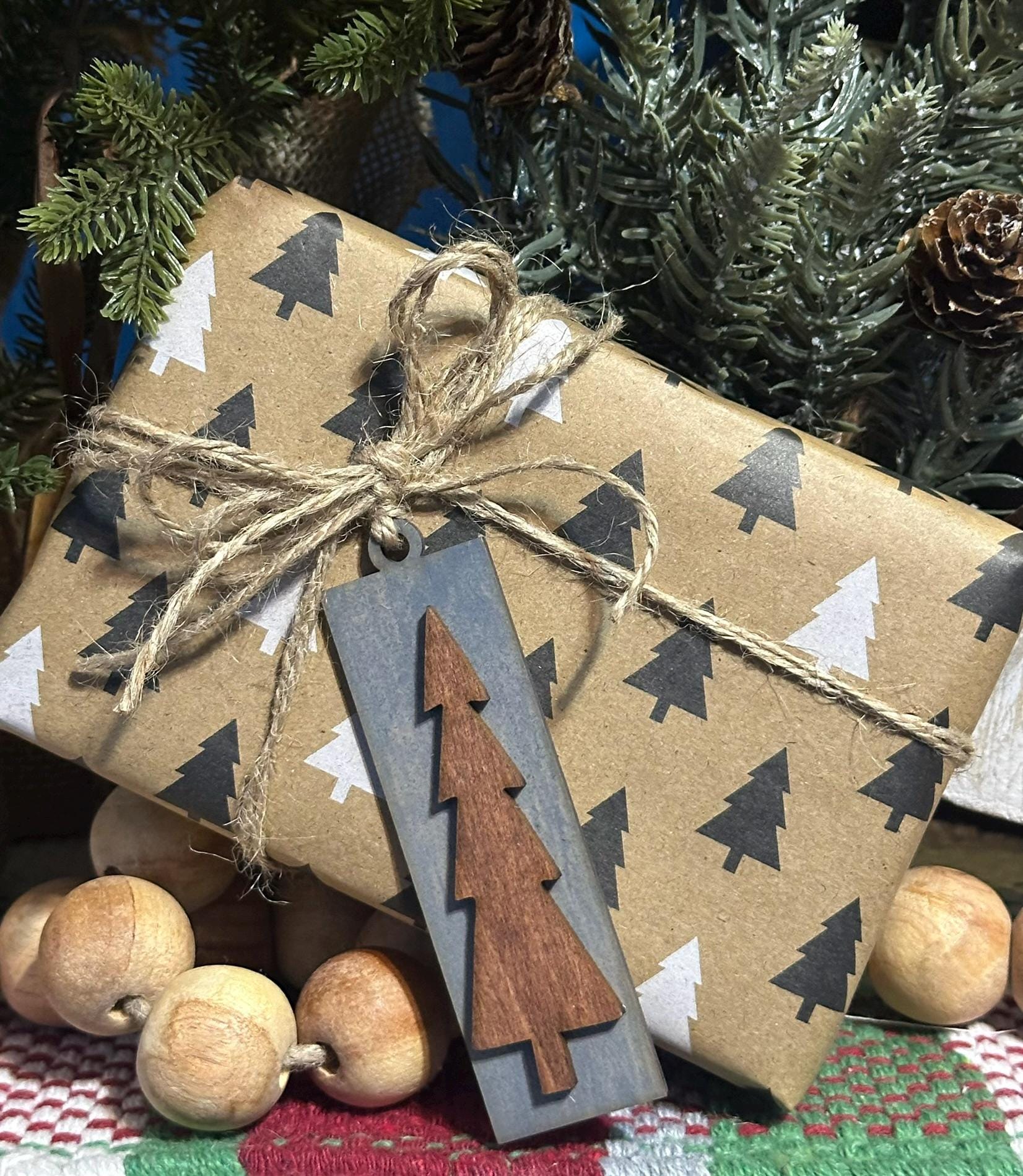 Rustic Wooden Tree Gift Tags Assorted Tree Designs and Colors – Handmade Holiday Tags or Christmas Tree Ornaments in Natural Wood Stains