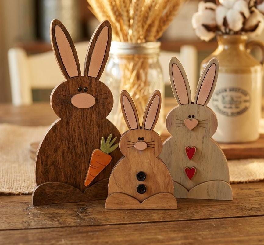 Farmhouse Bunny Trio Shelf Decor – Rustic Wooden Easter Bunnies – Tiered Tray Spring Decor – Neutral Bunny Set