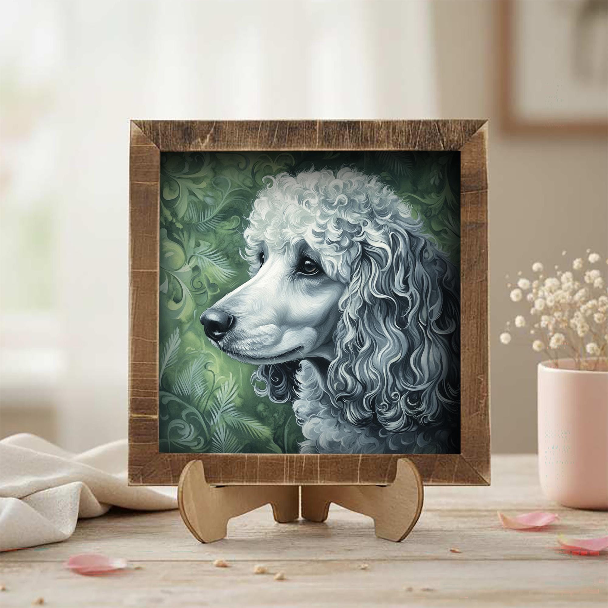 Silver Poodle Dog Framed Art, Watercolor Husky Portrait, 5.5 Inch Shelf Decor with Easel, Dog Lover Gift