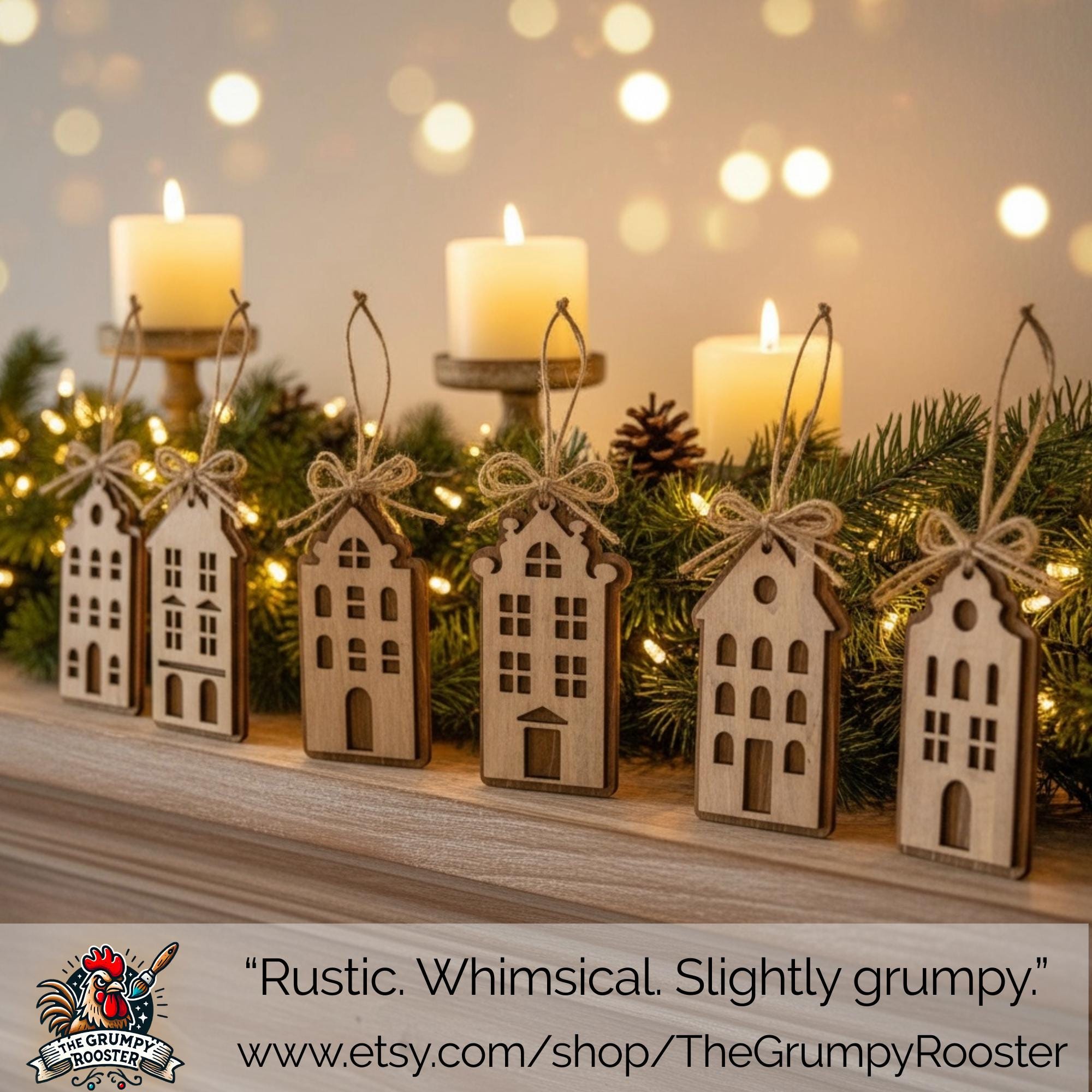 Rustic Wooden House Christmas Ornaments Scandinavian Farmhouse Village Set or Individual Layered Wood Holiday Decor Bulk Discounts Available