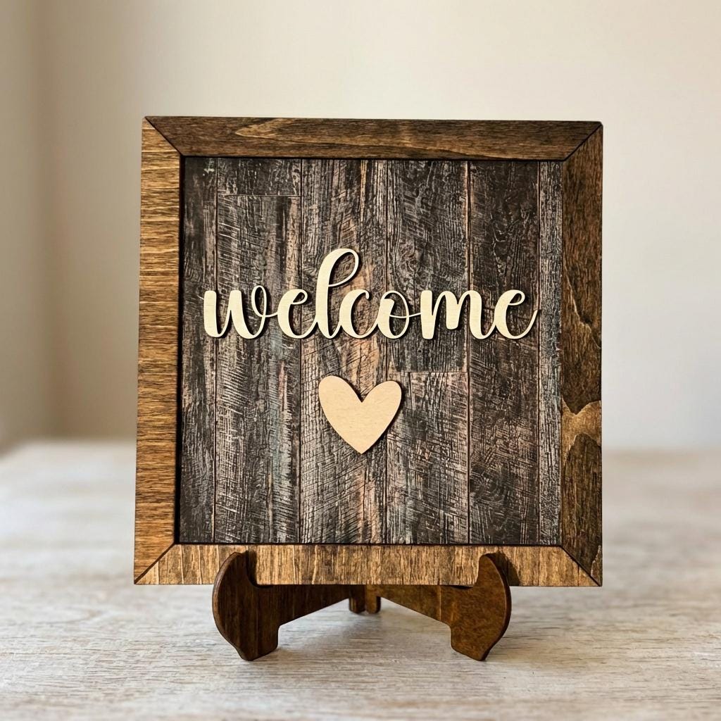 Welcome Framed Wood Sign, Rustic Farmhouse Decor, Layered Wood Wall Art or Shelf Decor, Housewarming Gift
