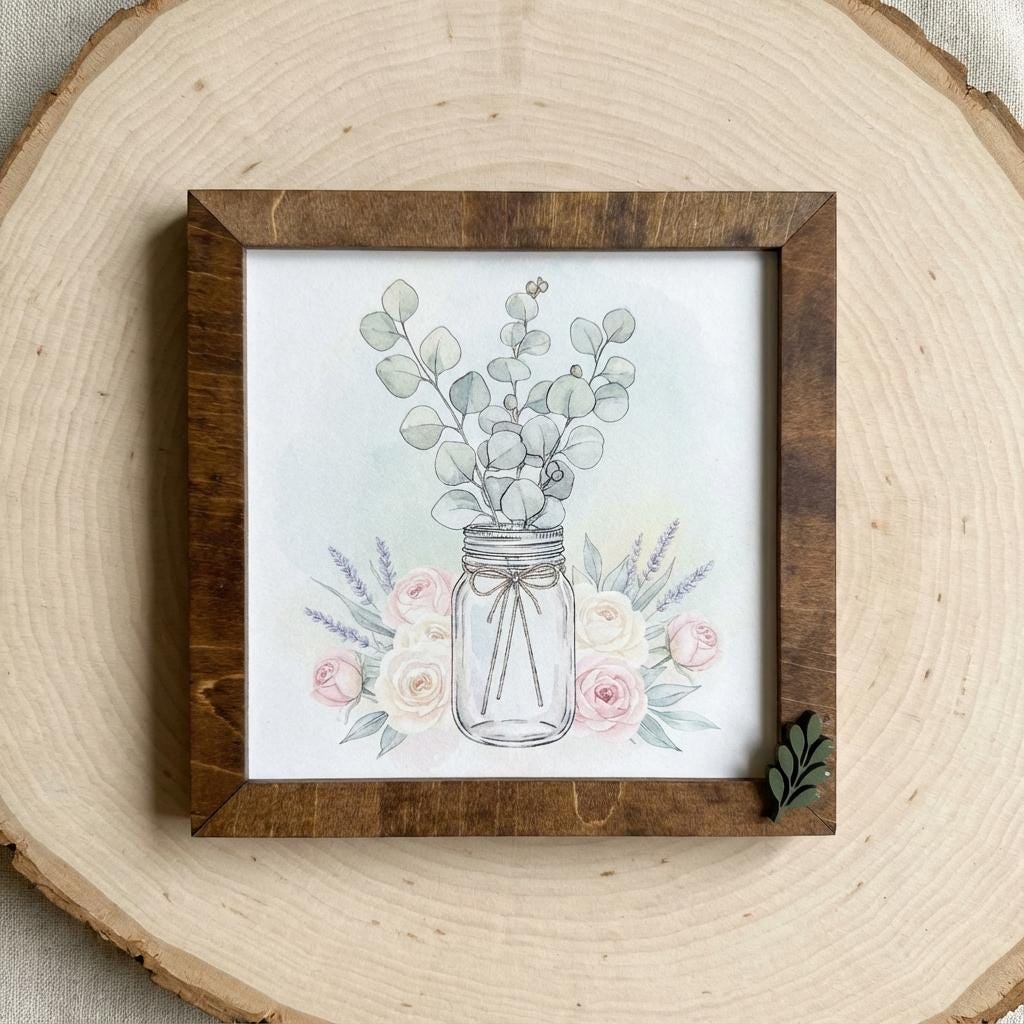 Eucalyptus Mason Jar Art Sign • Farmhouse Wood Frame Decor