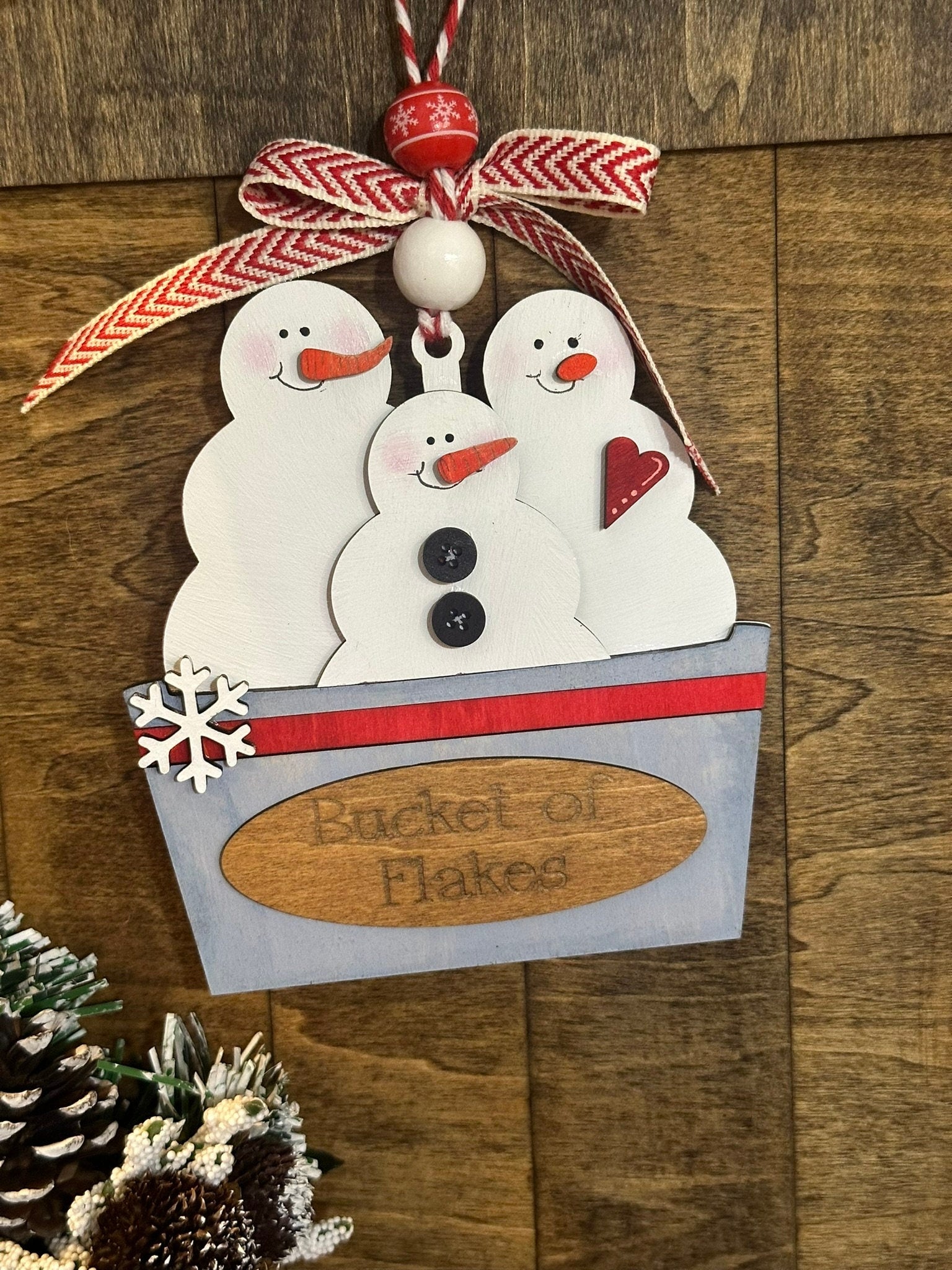 Handmade Bucket of Flakes Snowman Ornament – Rustic Christmas Decoration