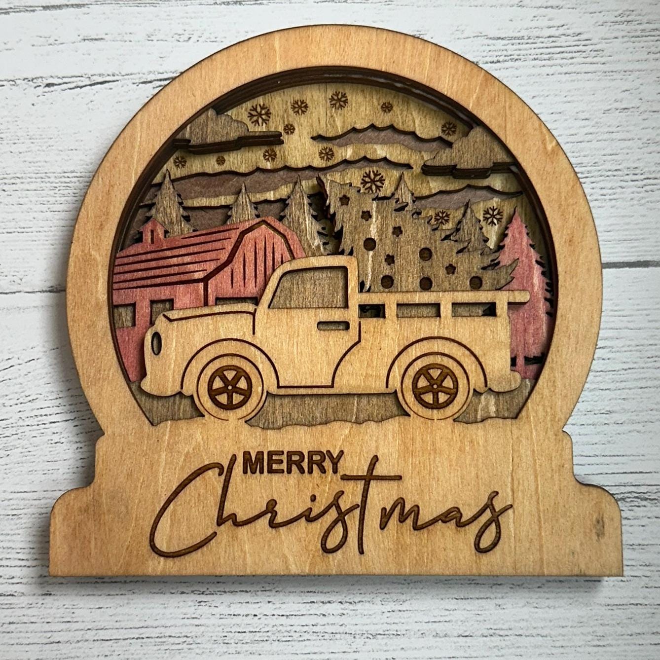Wooden Layered Snow Globe with Merry Christmas and Tree Truck - Stained Wood Home Decor Key Hook Rustic