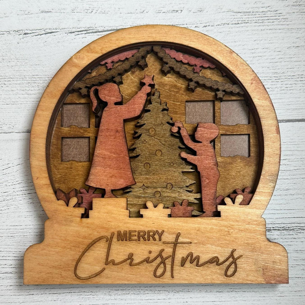 Wooden Layered Snow Globe with Merry Christmas and Children decorating tree - Stained Wood Home Decor Key Hook Rustic