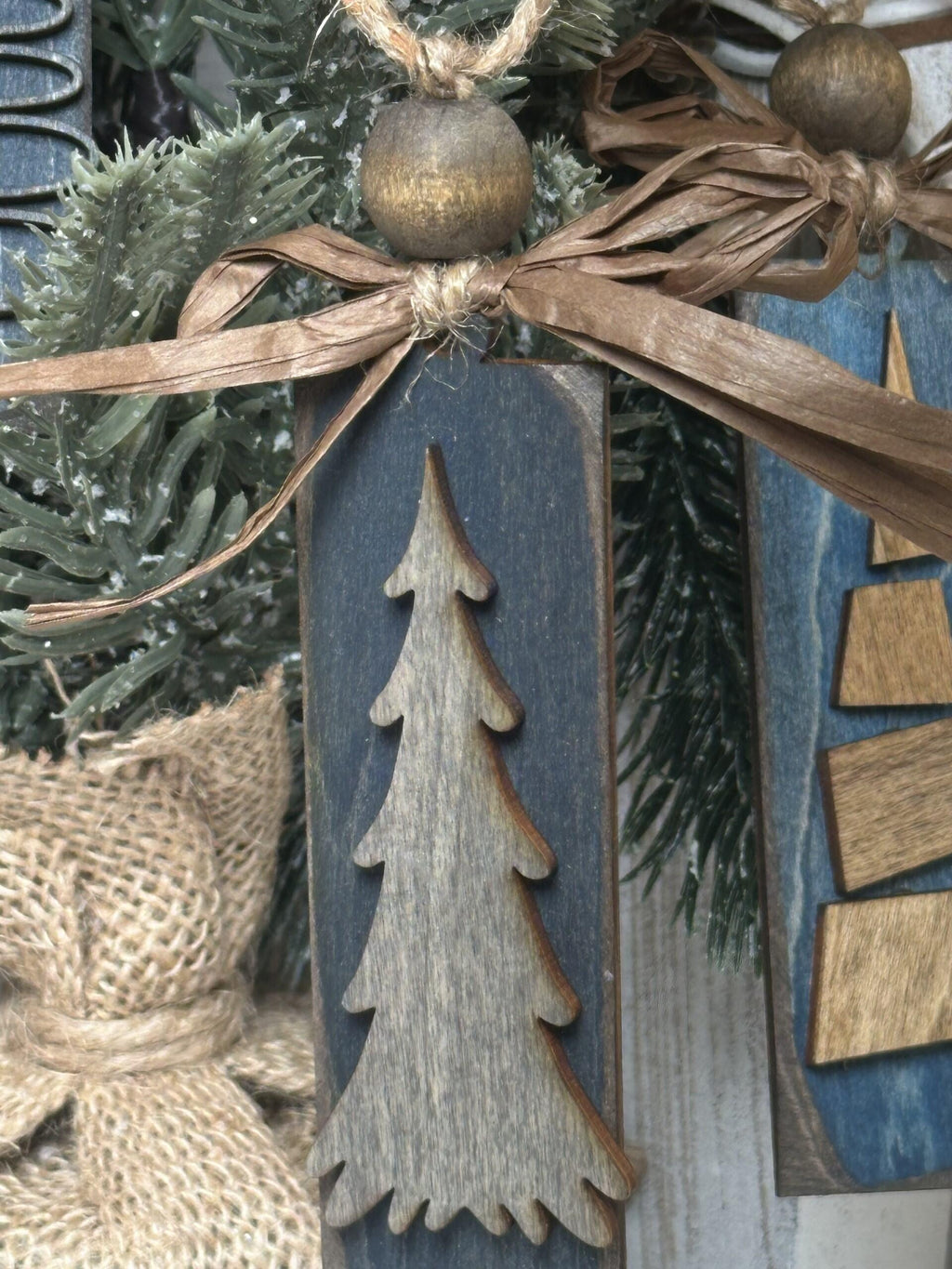 Rustic Christmas Tree Ornaments - Blues Grays and Browns Stained Vintage Bulk Winter Tree Holiday Ornament Handcrafted Wholesale