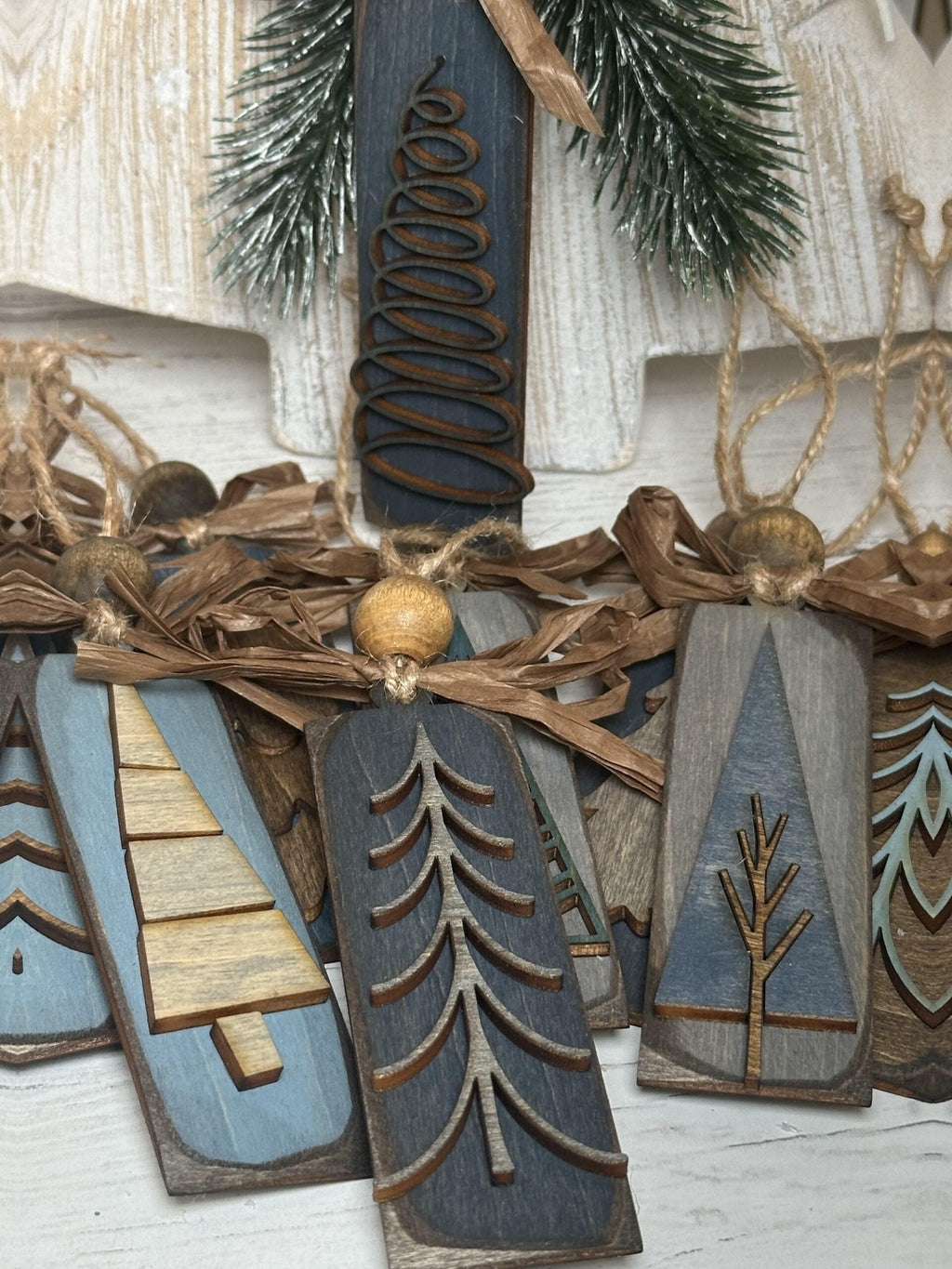 Rustic Christmas Tree Ornaments - Blues Grays and Browns Stained Vintage Bulk Winter Tree Holiday Ornament Handcrafted Wholesale