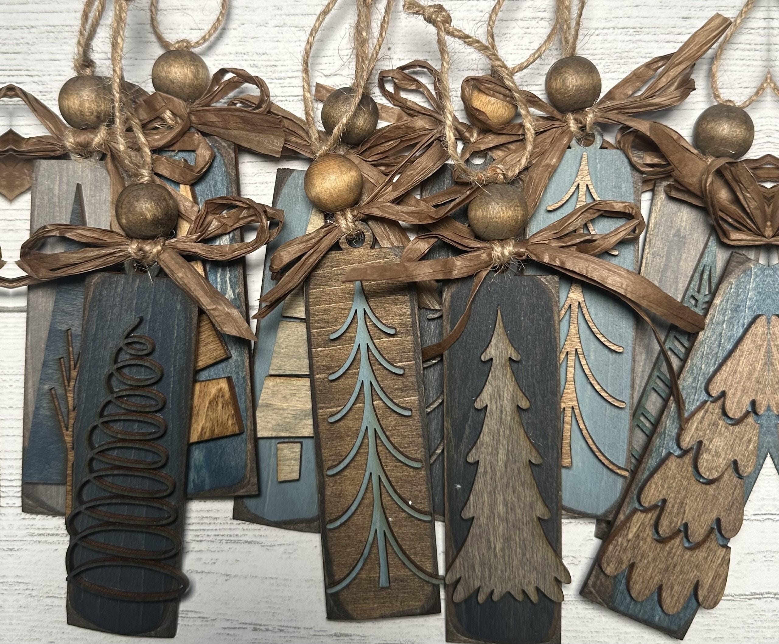 Rustic Christmas Tree Ornaments - Blues Grays and Browns Stained Vintage Bulk Winter Tree Holiday Ornament Handcrafted Wholesale