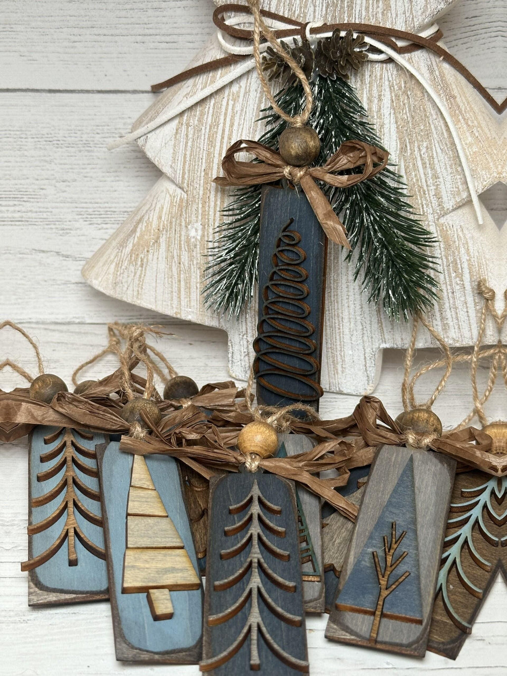 Rustic Christmas Tree Ornaments - Blues Grays and Browns Stained Vintage Bulk Winter Tree Holiday Ornament Handcrafted Wholesale