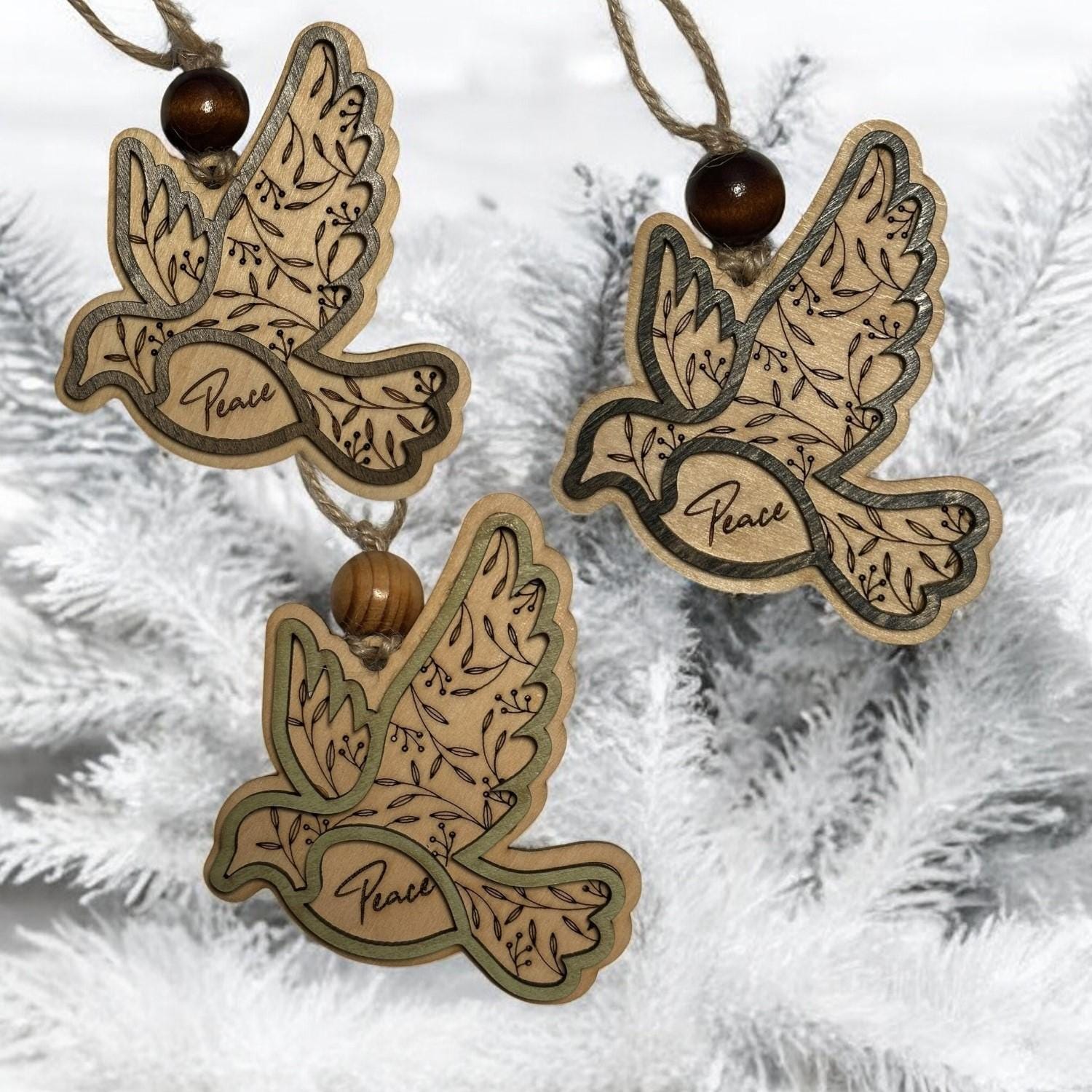 Rustic Peace Dove Christmas Ornaments – Handcrafted Wooden Ornaments - Bulk/Wholesale Options, Two-Tone Layered Design, Brown & Green Trim