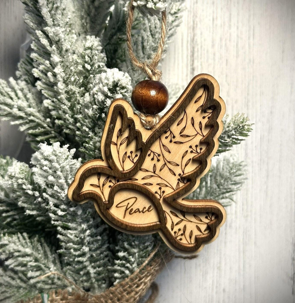 Rustic Peace Dove Christmas Ornaments – Handcrafted Wooden Ornaments - Bulk/Wholesale Options, Two-Tone Layered Design, Brown & Green Trim