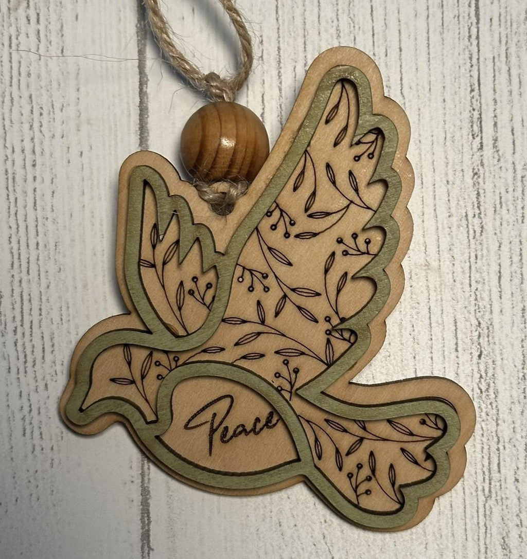 Rustic Peace Dove Christmas Ornaments – Handcrafted Wooden Ornaments - Bulk/Wholesale Options, Two-Tone Layered Design, Brown & Green Trim