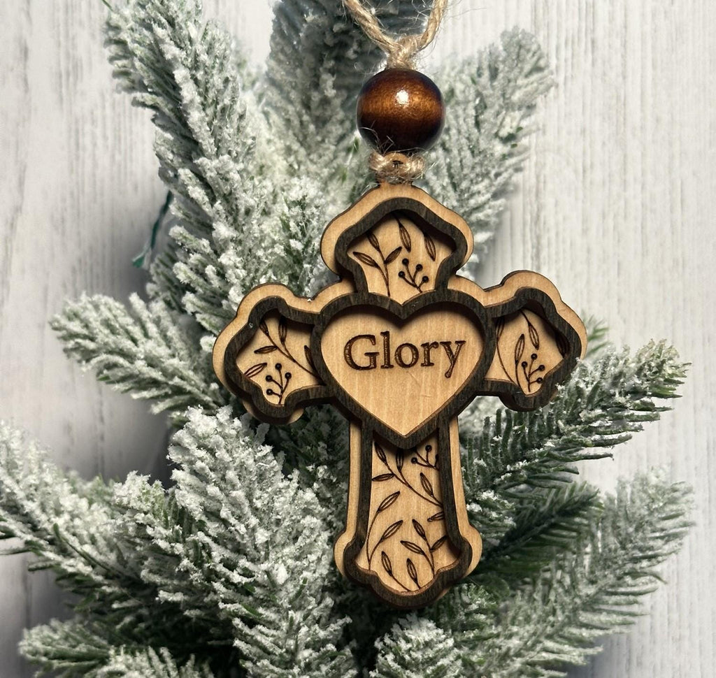 Rustic Cross Christmas Ornaments – Handcrafted Wooden "Glory" Cross Ornaments with Natural Bead, Two-Layer Design, Bulk/Wholesale Options