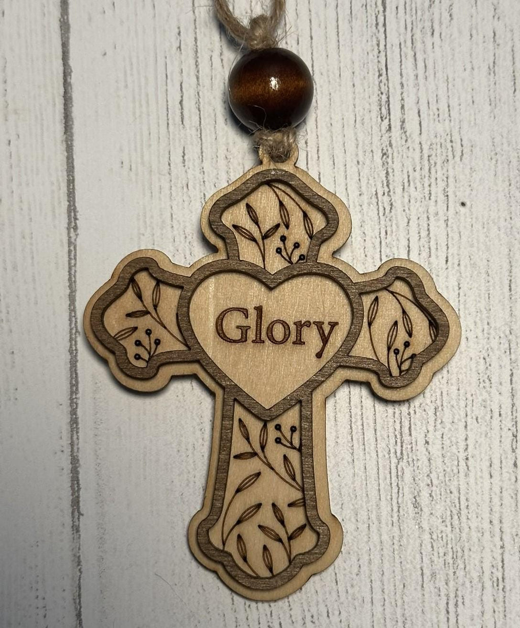 Rustic Cross Christmas Ornaments – Handcrafted Wooden "Glory" Cross Ornaments with Natural Bead, Two-Layer Design, Bulk/Wholesale Options