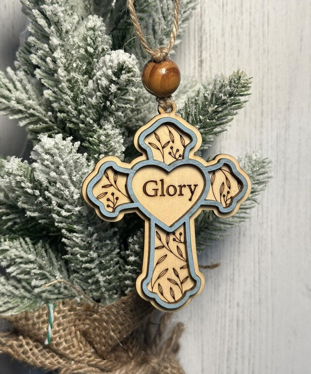 Rustic Cross Christmas Ornaments – Handcrafted Wooden "Glory" Cross Ornaments with Natural Bead, Two-Layer Design, Bulk/Wholesale Options