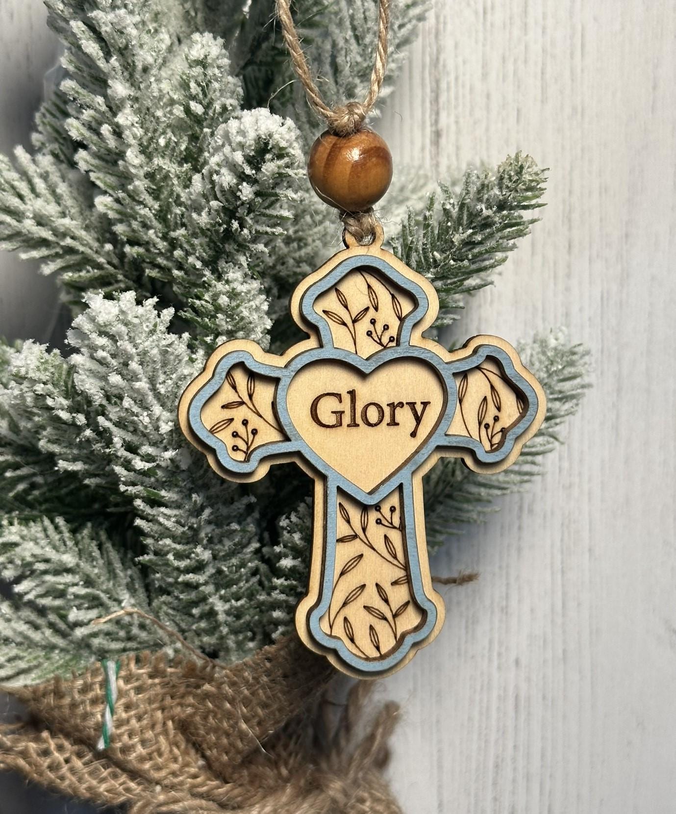 Rustic Cross Christmas Ornaments – Handcrafted Wooden "Glory" Cross Ornaments with Natural Bead, Two-Layer Design, Bulk/Wholesale Options