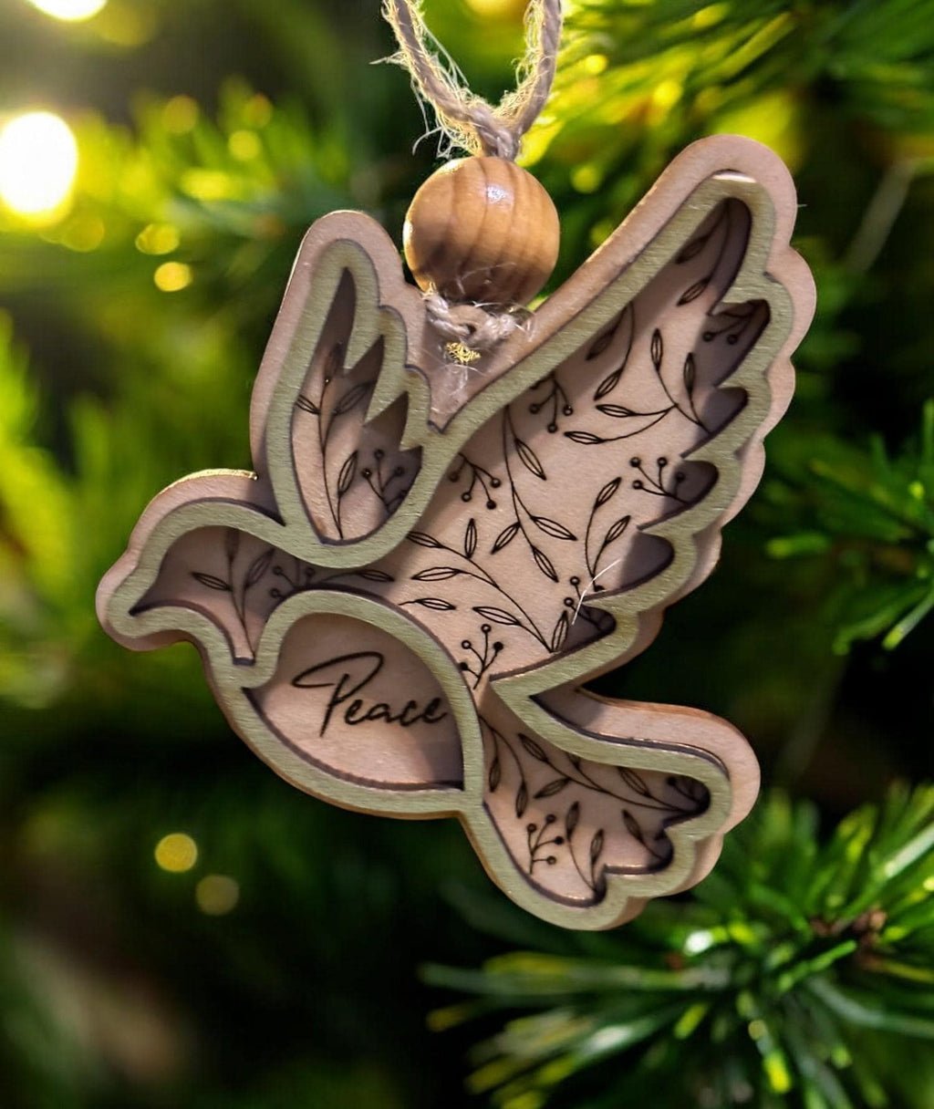 Rustic Peace Dove Christmas Ornaments – Handcrafted Wooden Ornaments - Bulk/Wholesale Options, Two-Tone Layered Design, Brown & Green Trim