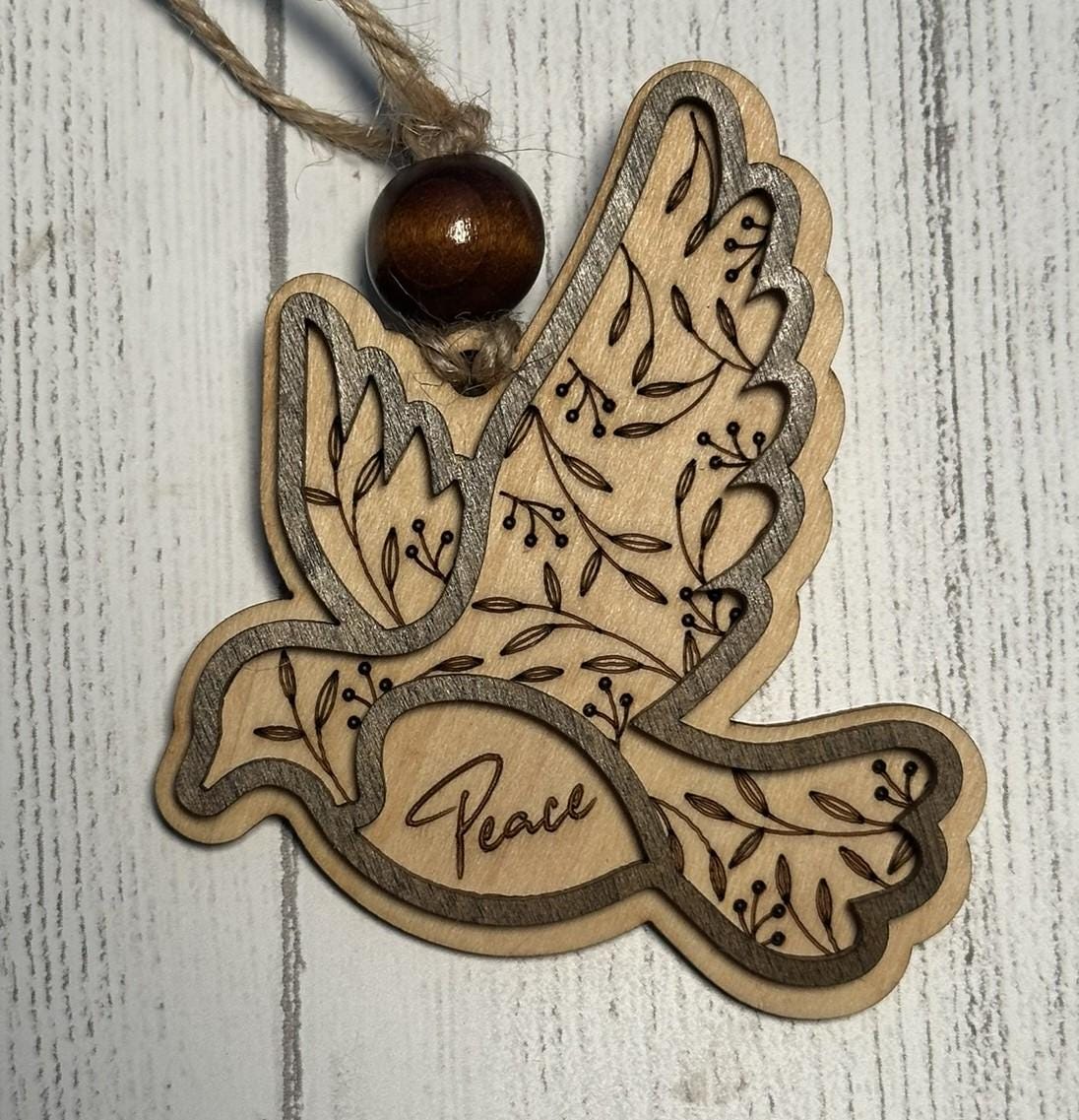 Rustic Peace Dove Christmas Ornaments – Handcrafted Wooden Ornaments - Bulk/Wholesale Options, Two-Tone Layered Design, Brown & Green Trim