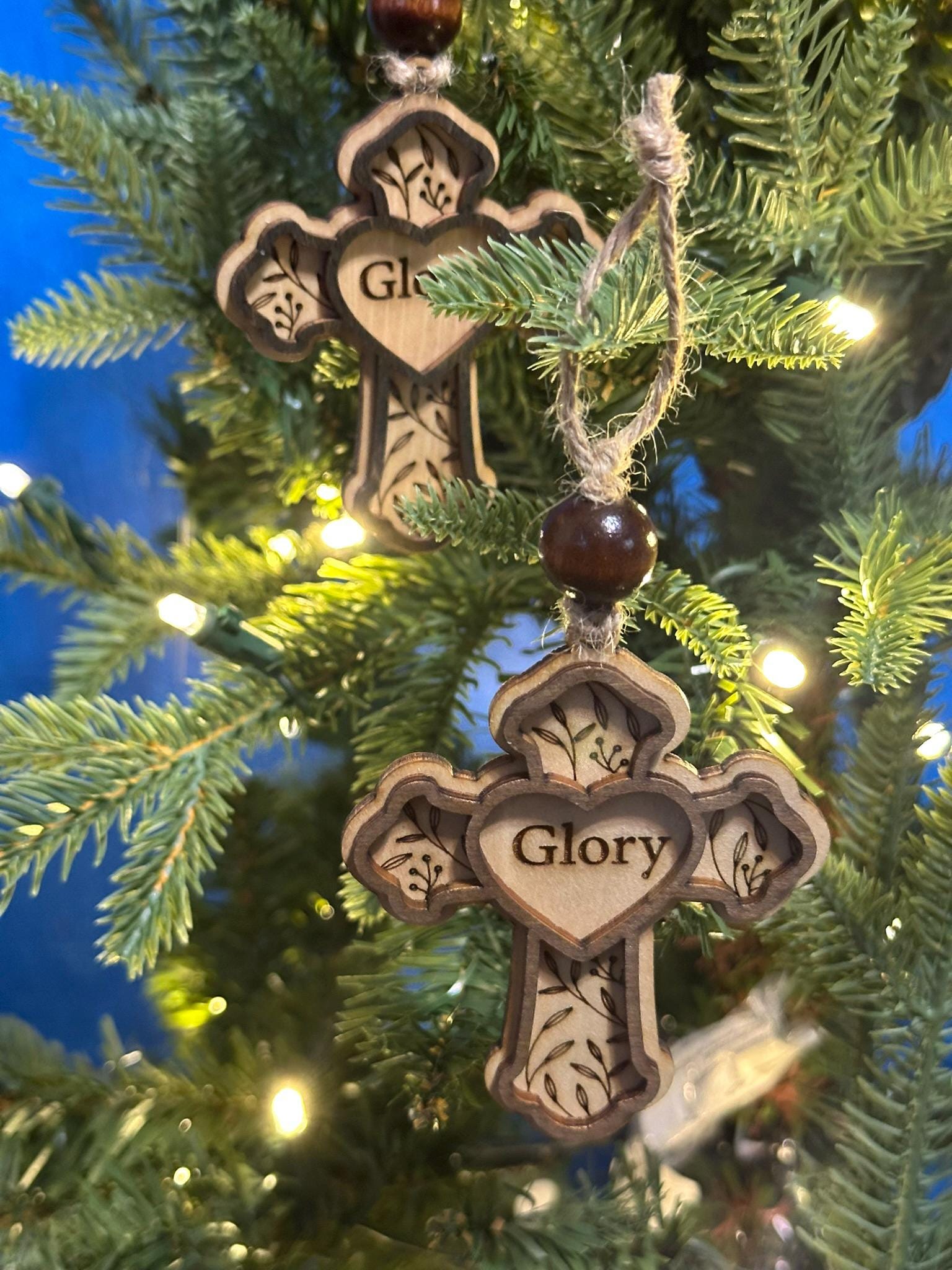 Rustic Cross Christmas Ornaments – Handcrafted Wooden "Glory" Cross Ornaments with Natural Bead, Two-Layer Design, Bulk/Wholesale Options