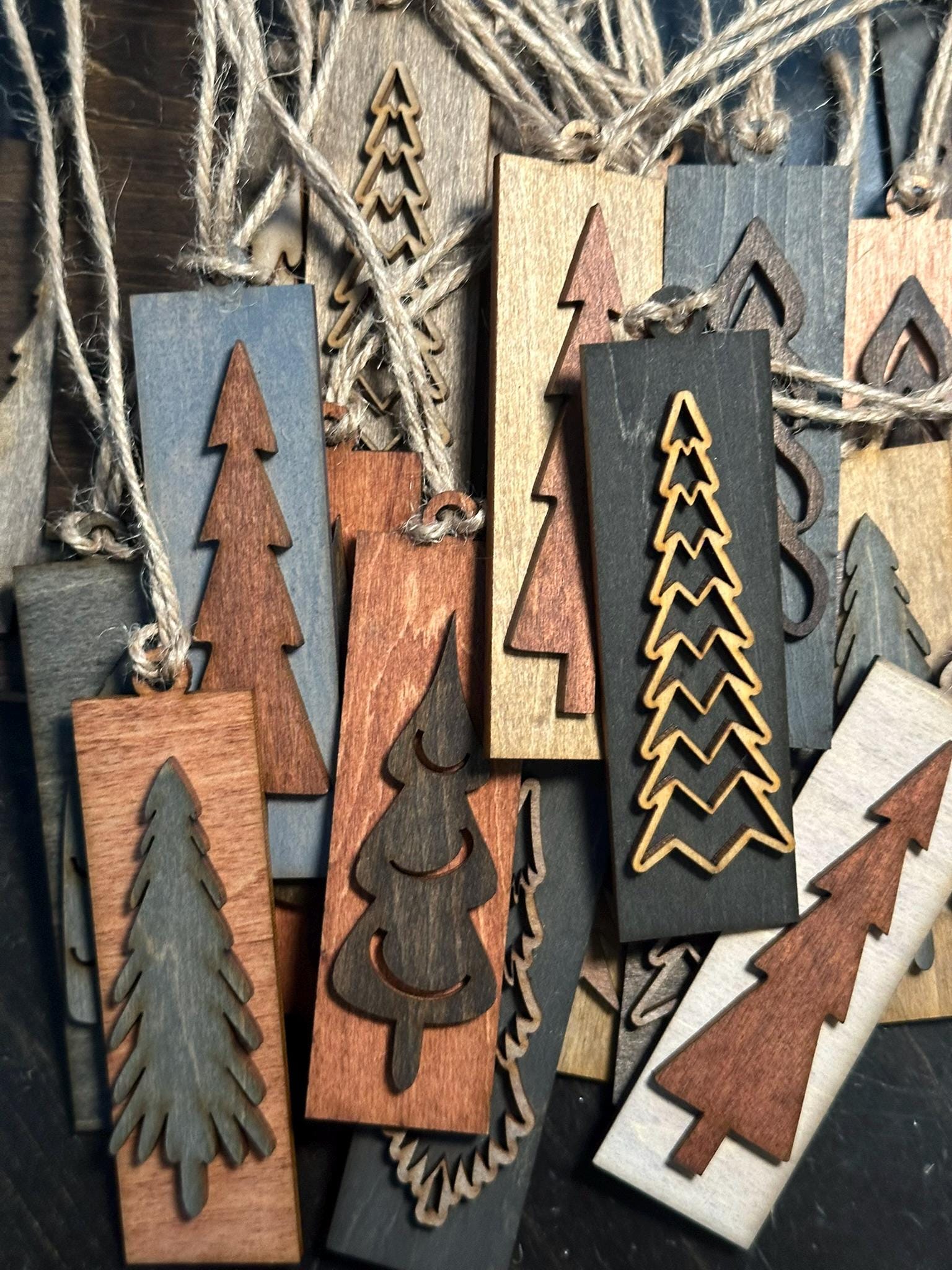 Rustic Wooden Tree Gift Tags Assorted Tree Designs and Colors – Handmade Holiday Tags or Christmas Tree Ornaments in Natural Wood Stains