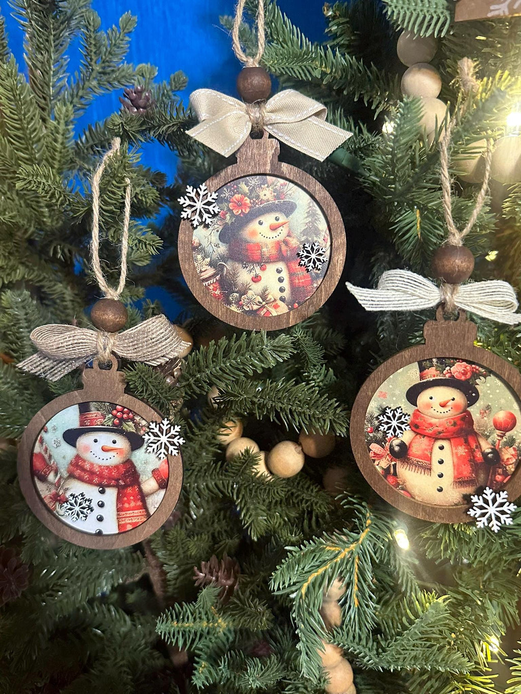 Rustic Snowman Christmas Ornaments Set, Vintage Wooden Holiday Decorations, Farmhouse Winter Tree Décor, Handmade Christmas Baubles
