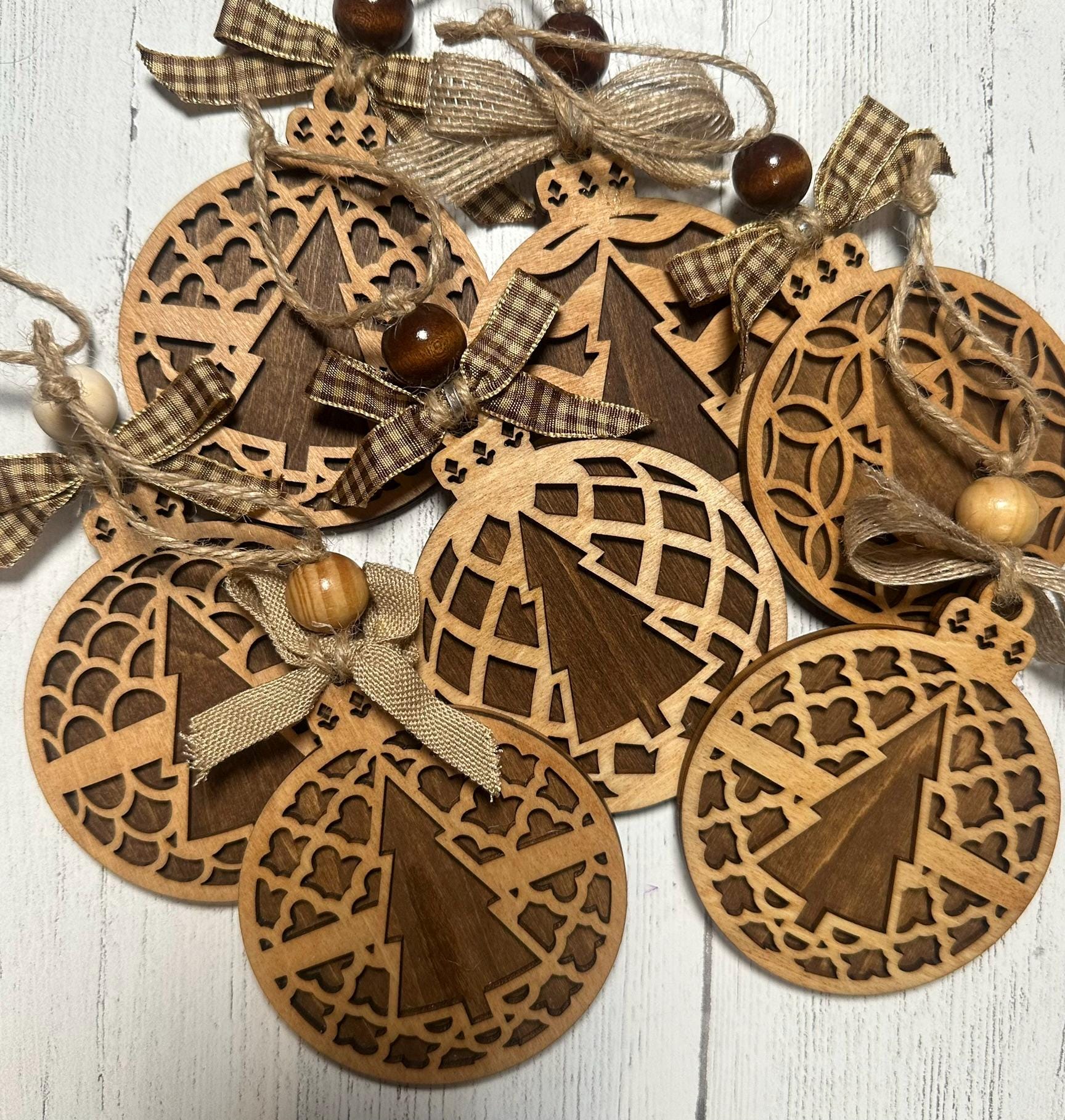 CHOICES! Set of Rustic Wooden Patterned Tree Ornaments, Farmhouse Winter Holiday Décor, Handmade Cut Christmas Tree Decorations, Gift Tags