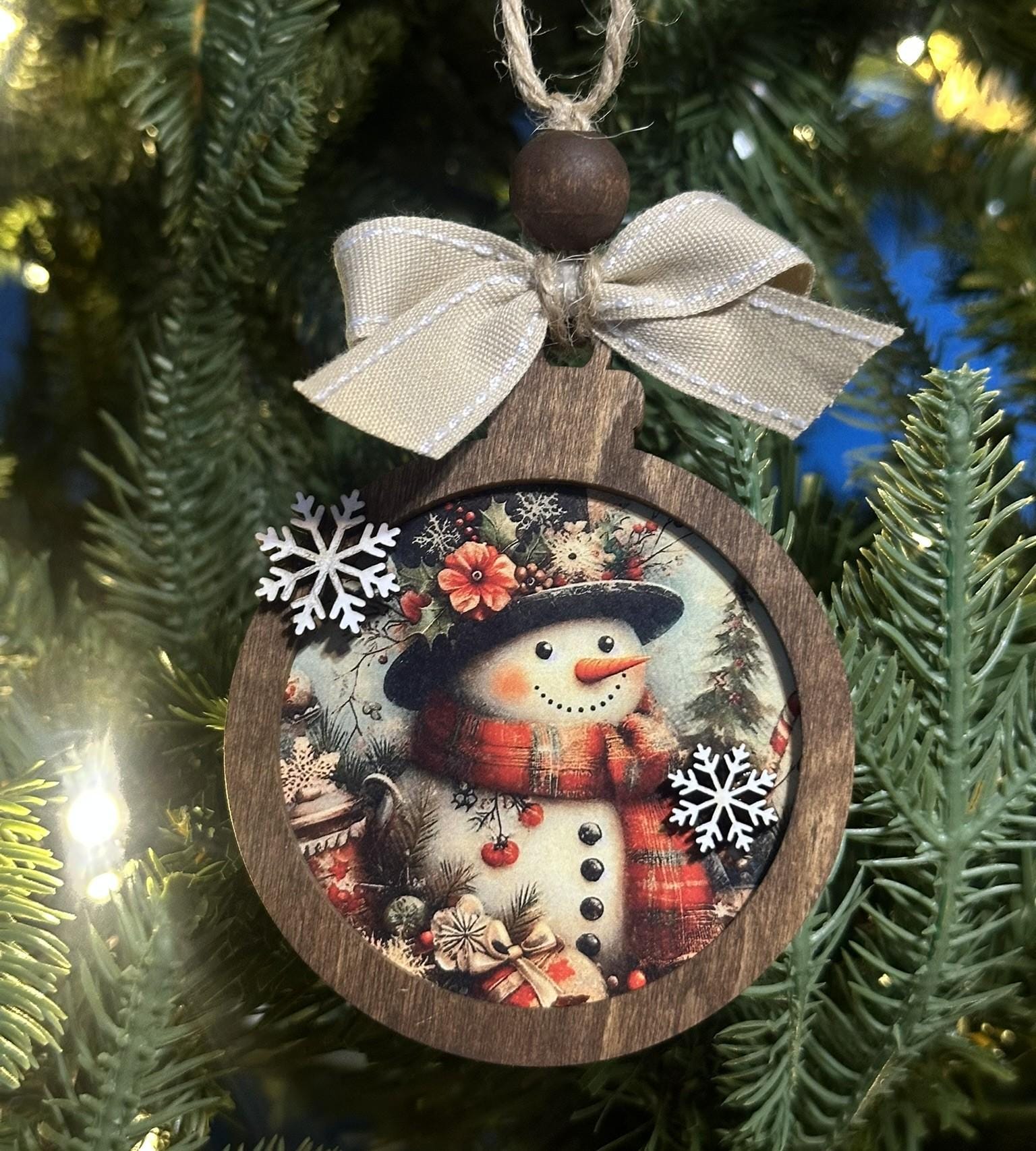 Rustic Snowman Christmas Ornaments Set, Vintage Wooden Holiday Decorations, Farmhouse Winter Tree Décor, Handmade Christmas Baubles