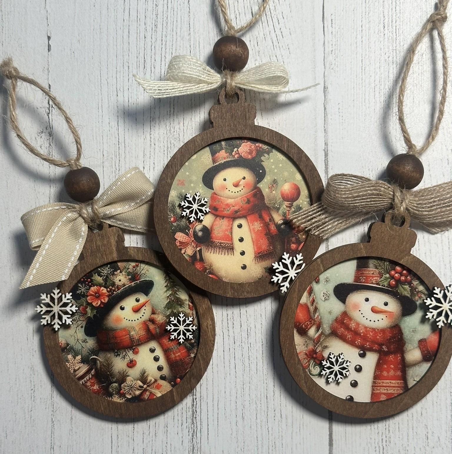 Rustic Snowman Christmas Ornaments Set, Vintage Wooden Holiday Decorations, Farmhouse Winter Tree Décor, Handmade Christmas Baubles