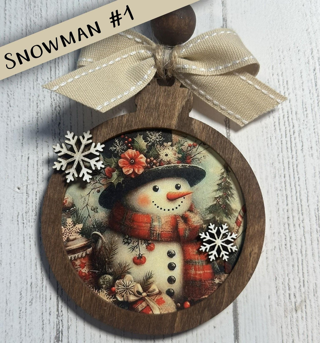 Rustic Snowman Christmas Ornaments Set, Vintage Wooden Holiday Decorations, Farmhouse Winter Tree Décor, Handmade Christmas Baubles