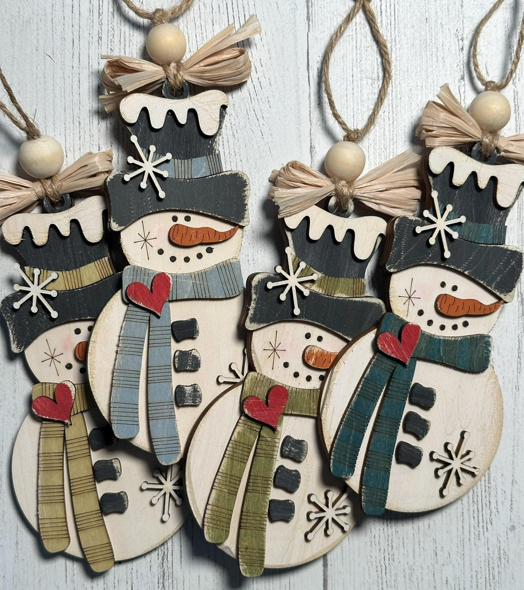 4 rustic snowman ornaments with assorted colors scarf and raffia bow
