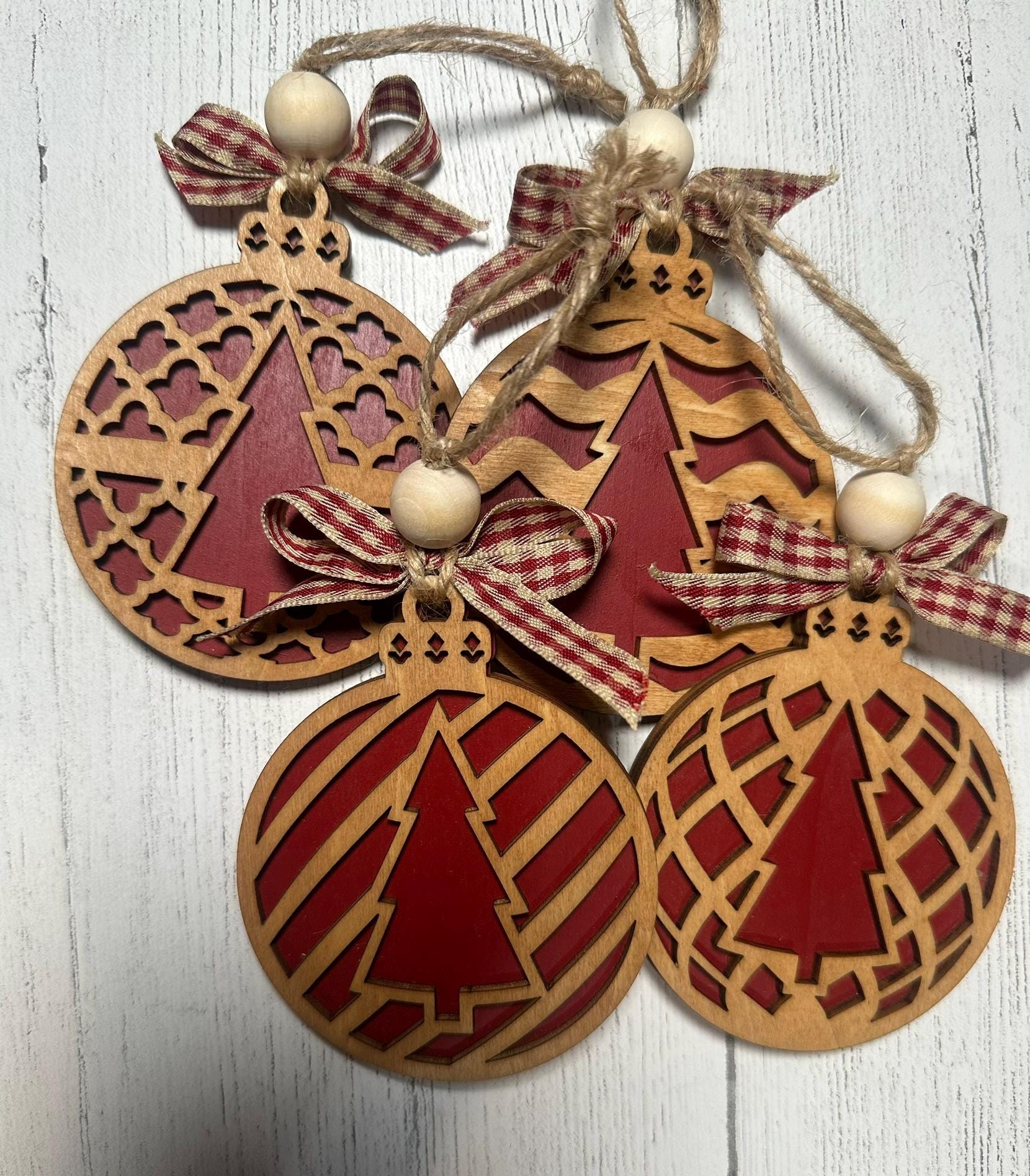 CHOICES! Set of Rustic Wooden Patterned Tree Ornaments, Farmhouse Winter Holiday Décor, Handmade Cut Christmas Tree Decorations, Gift Tags