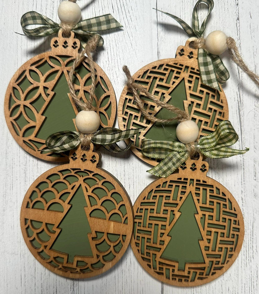 CHOICES! Set of Rustic Wooden Patterned Tree Ornaments, Farmhouse Winter Holiday Décor, Handmade Cut Christmas Tree Decorations, Gift Tags