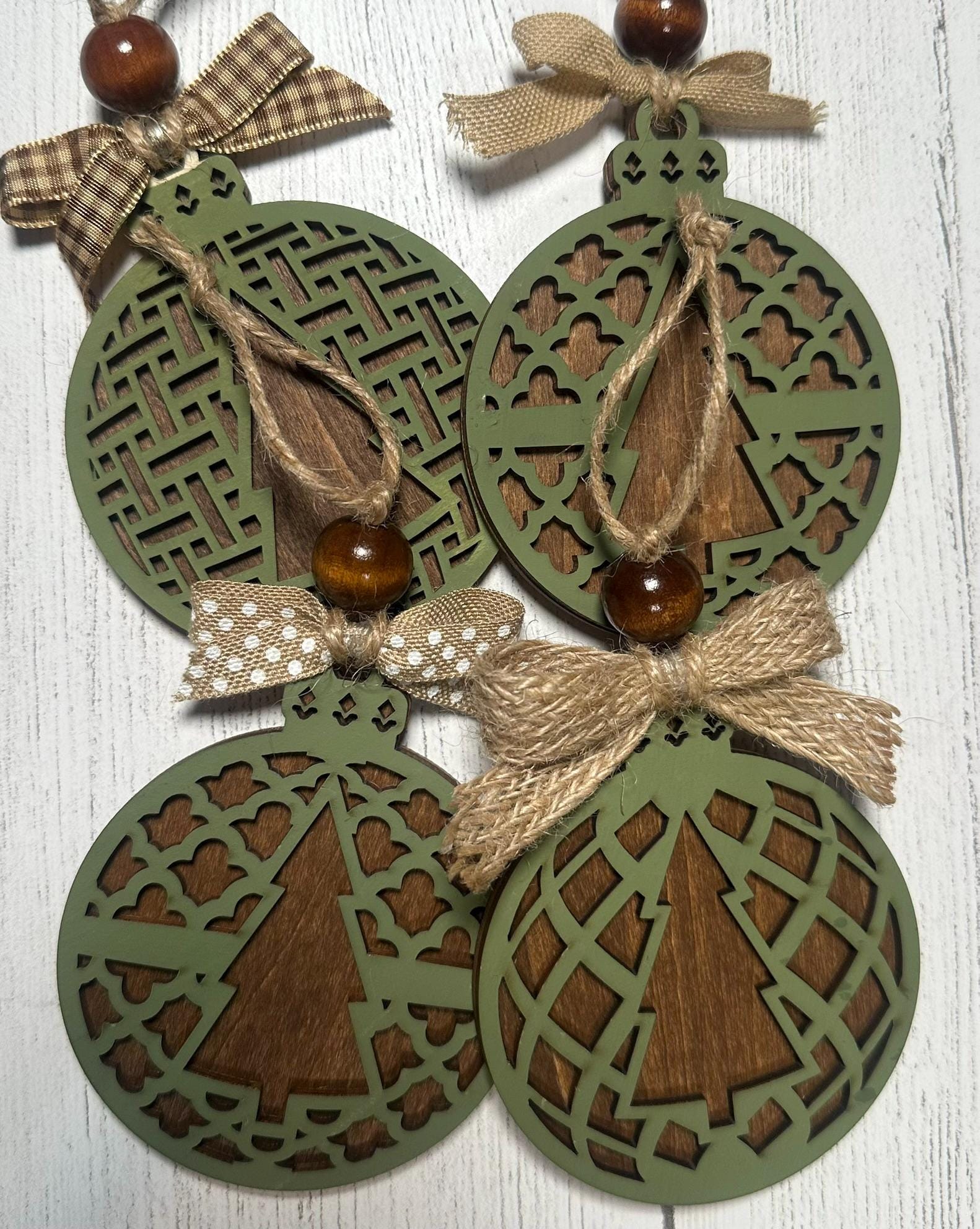 CHOICES! Set of Rustic Wooden Patterned Tree Ornaments, Farmhouse Winter Holiday Décor, Handmade Cut Christmas Tree Decorations, Gift Tags